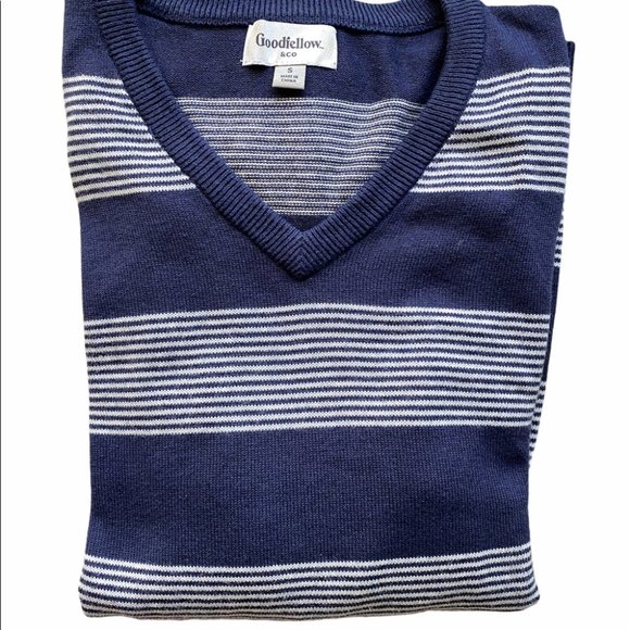 GoodFellow Casual Cotton Wool Blend Navy White Striped V-Neck Sweater Preppy S - Picture 6 of 10